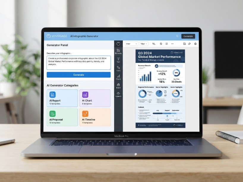 Venngage AI infographic generator showing a completed corporate infographic generated from a text prompt with AI generator category buttons for Report, Chart, Proposal and Timeline visible