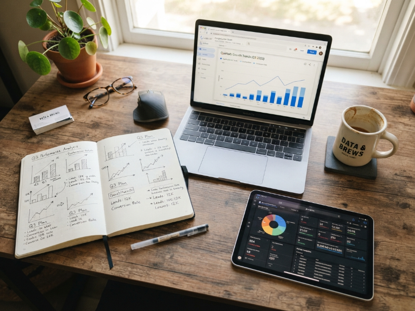 Desk with hand-drawn chart sketches in a notebook beside a laptop showing a polished digital chart in a graph maker tool with data tablet and coffee cup