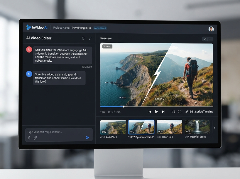 InVideo AI conversational editing interface showing a chat-style prompt panel with editing instructions on the left and a video preview with scene transitions on the right