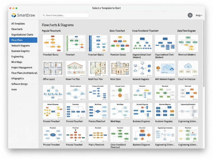 SmartDraw template gallery showing professional diagram template thumbnails organized by category including flowcharts, org charts, floor plans and network diagrams with category sidebar