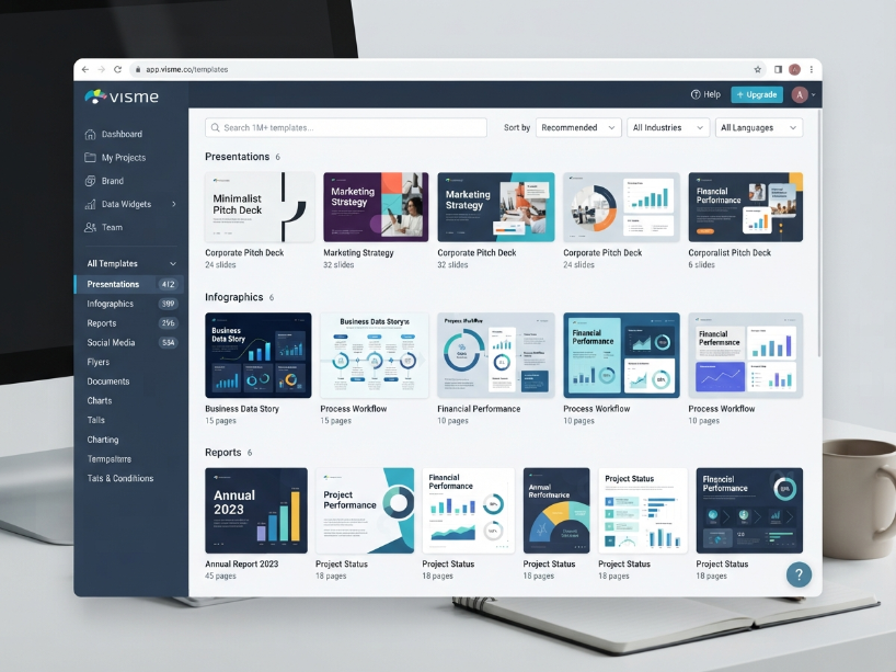 Visme template library showing professional presentation, infographic and report template thumbnails with category filter sidebar for Presentations, Infographics, Reports and Social Media