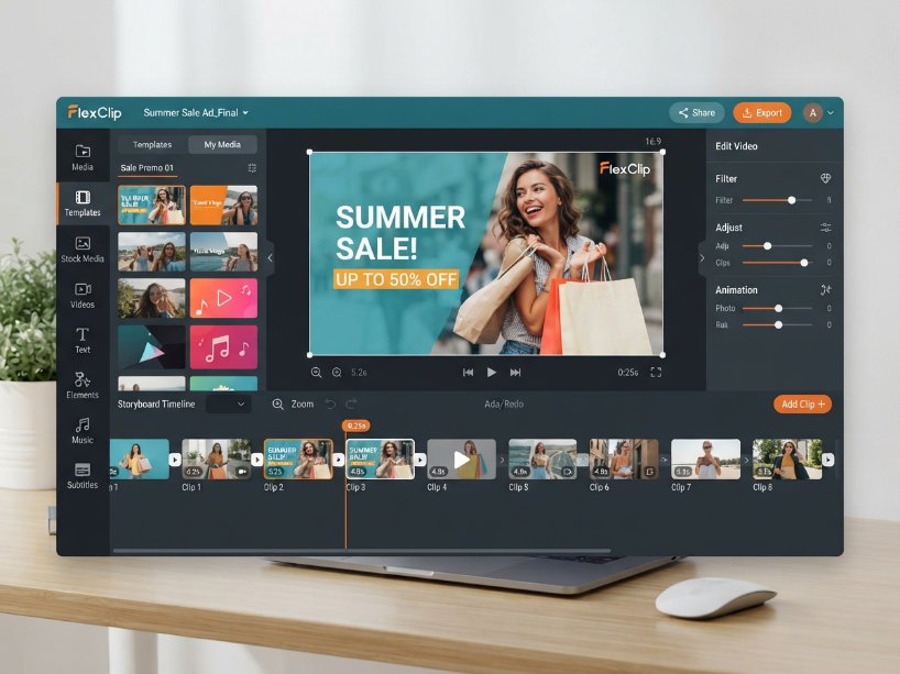 FlexClip video editor in storyboard mode showing video clips in the timeline, a marketing video preview in the center and the template and stock media sidebar on the left
