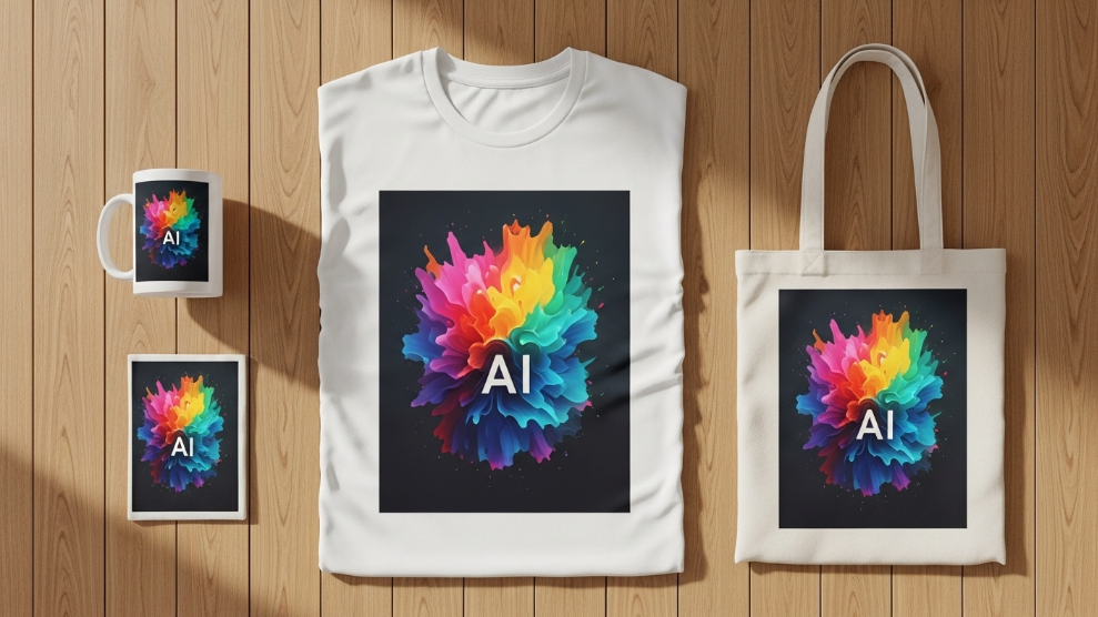 AI-designed print-on-demand products — T-shirts mugs and tote bags with AI artwork displayed on a table 📐 Dimensions: 1200 × 628px | Ratio: 16:9 🤖