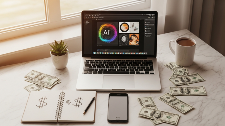 15 ways to make money with AI tools in 2026 — laptop with cash and AI interface.