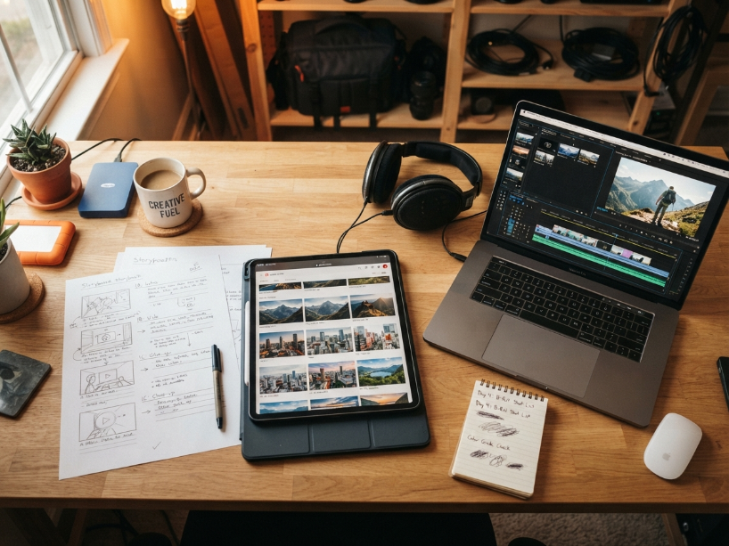 Video editor's workstation showing a stock footage library browser on a laptop with cinematic 4K thumbnails and a video editing timeline on an external monitor