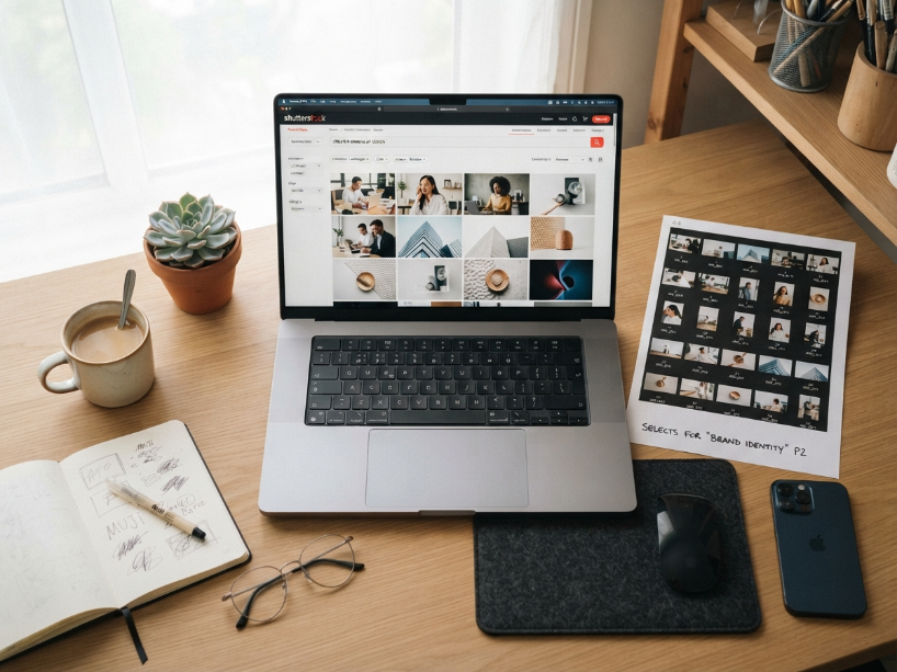 Best stock photo sites 2026 showing a stock library search results page on a laptop at a clean creative workspace with printed photo contact sheets