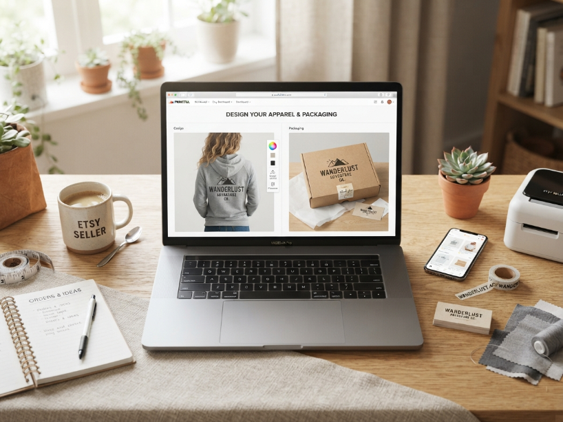 Etsy seller at a desk with a laptop showing a mockup generator
with a t-shirt design applied to an apparel mockup and a product
packaging mockup side by side