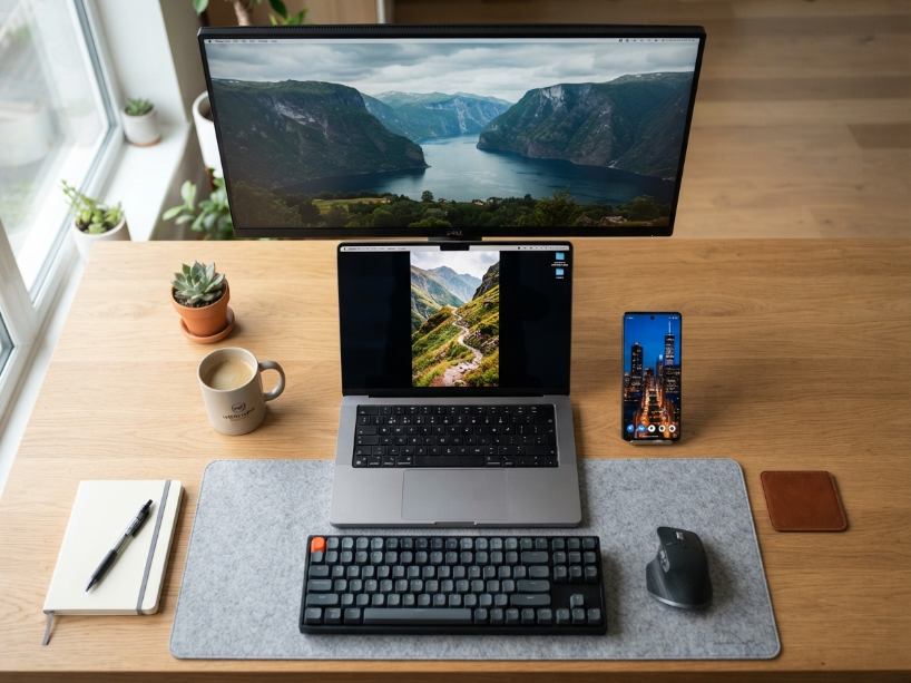 Desk setup showing MacBook Pro laptop, Windows desktop monitor and smartphone each displaying wallpapers of different aspect ratios and resolutions to illustrate wallpaper size differences