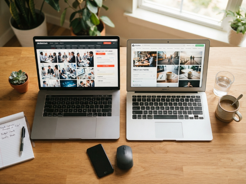 Two laptops side by side comparing a paid stock photo library and a free stock photo site at a clean creative workspace