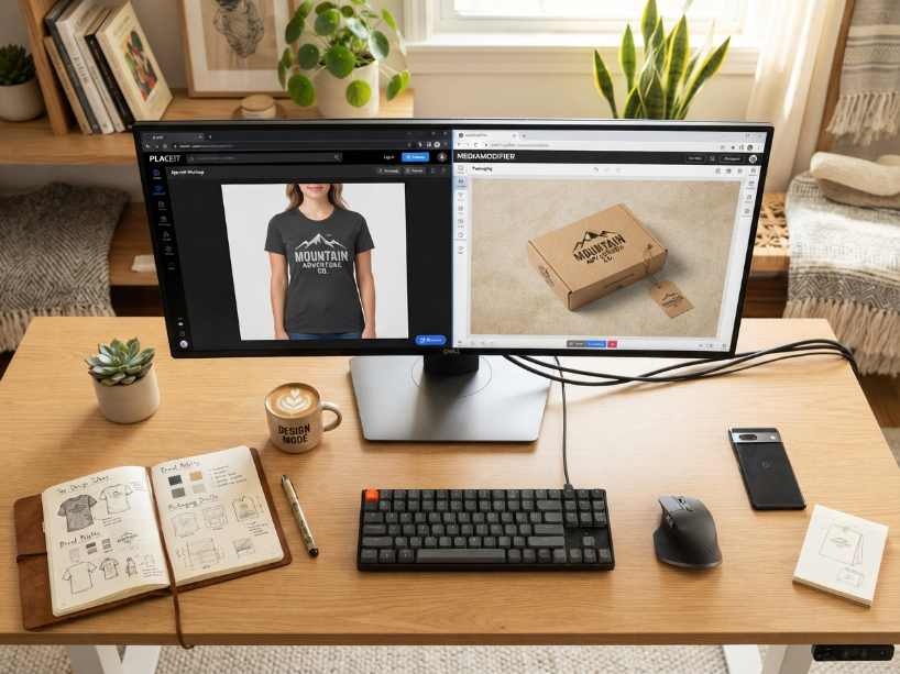Product designer at a desk with two browser windows showing Placeit apparel mockup and MediaModifier packaging mockup side by side on a widescreen monitor