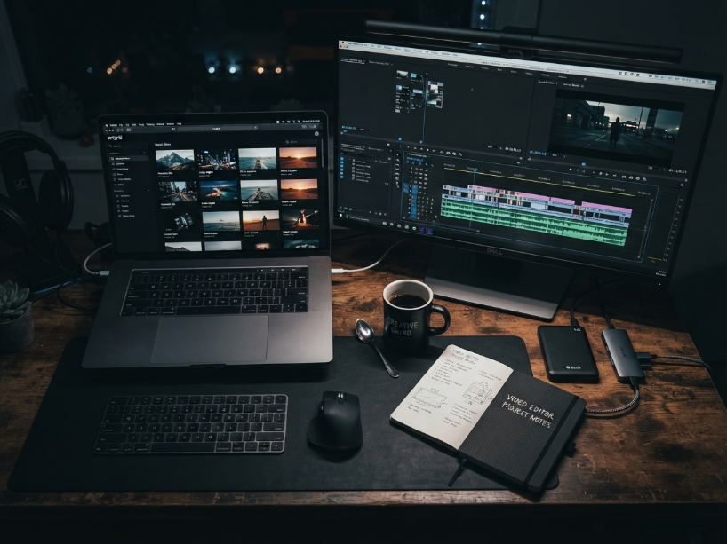 Video production planning desk with storyboard sheets, a tablet showing stock footage search results and a laptop with video editing timeline in a warm creative studio