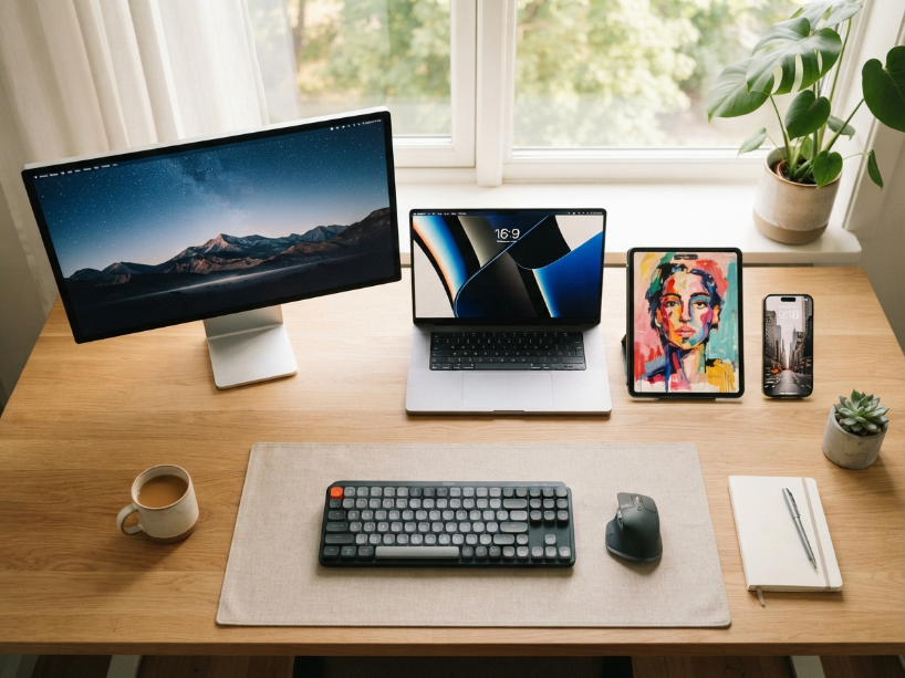 Common wallpaper sizes guide showing desktop monitor, laptop, smartphone and tablet side by side displaying wallpapers of different resolutions and aspect ratios on a clean desk